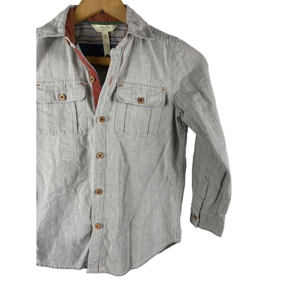 Matilda Jane Boys Button Down Shirt 8 Gray Polka Dot Print Wood Buttons - Picture 2 of 7